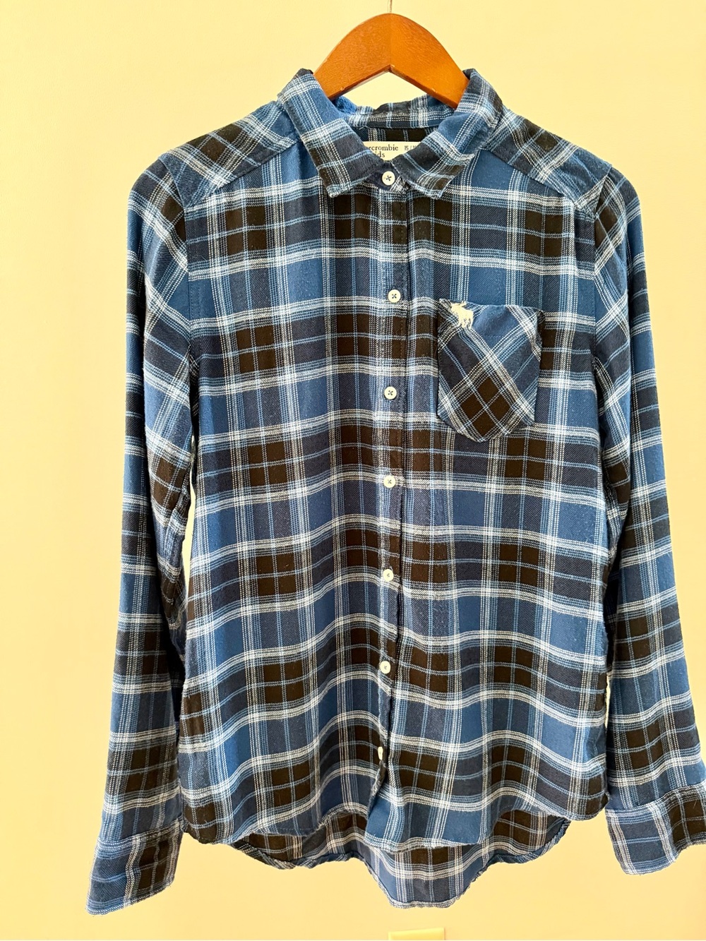 Abercrombie Kids 15/16 Blue Plaid Flannel Button Down Shirt Moose Logo